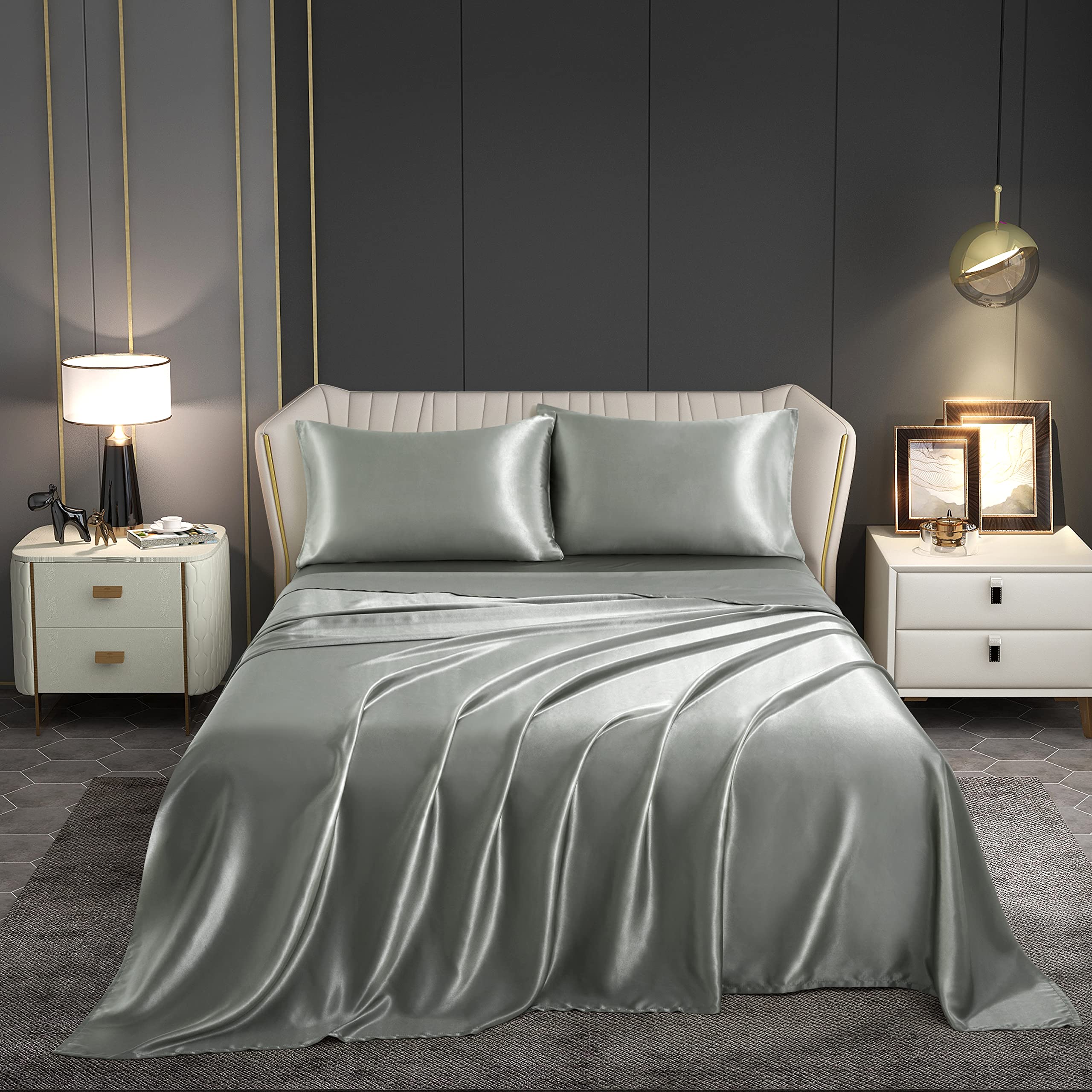 Parure de lit en satin gris foncé drap-housse poche profonde lit King Size