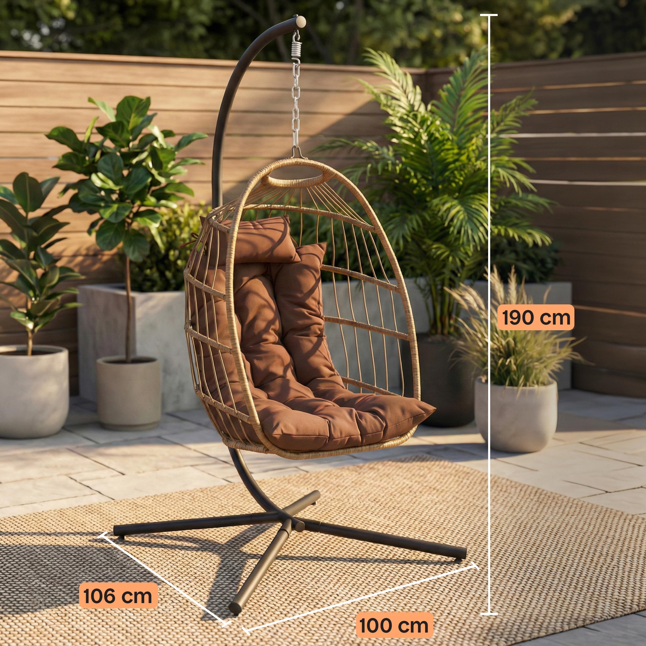 SereneLife Fauteuil Oeuf Suspendu avec Support – Rotin Tressé Pliable, Coussin Imperméable, Appui-Tête Confort pour Patio, Chambre, Véranda, Jardin, Marron