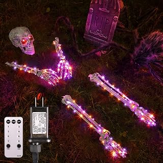 Halloween Skeleton Yard Decoration, Graveyard Decorations with 8 Mode LED Light, Bone Yard Decorations Lighted Skeleton Arm Stakes with Skull and Leg, Life Size Groundbreaker (Purple, Orange)