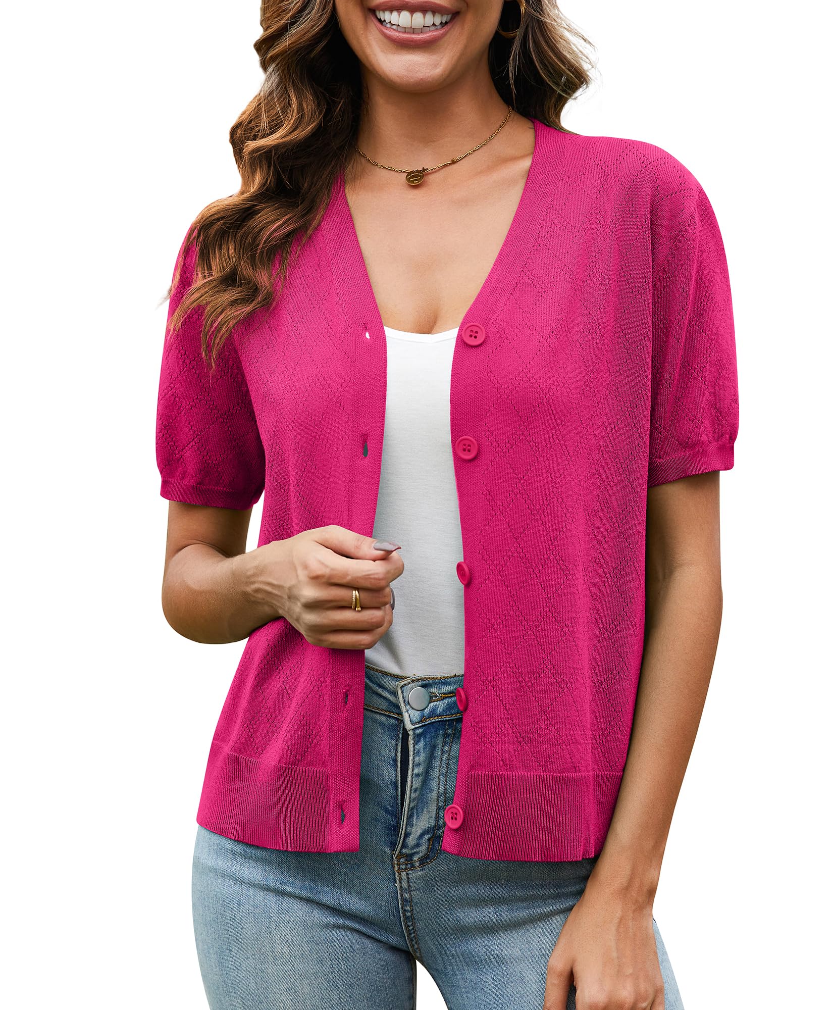 VIISHOW Short Sleeve Lightweight Summer Cardigan for Women, Button Down Open Front V Neck Crochet Knit Cropped Bolero Shrugs
