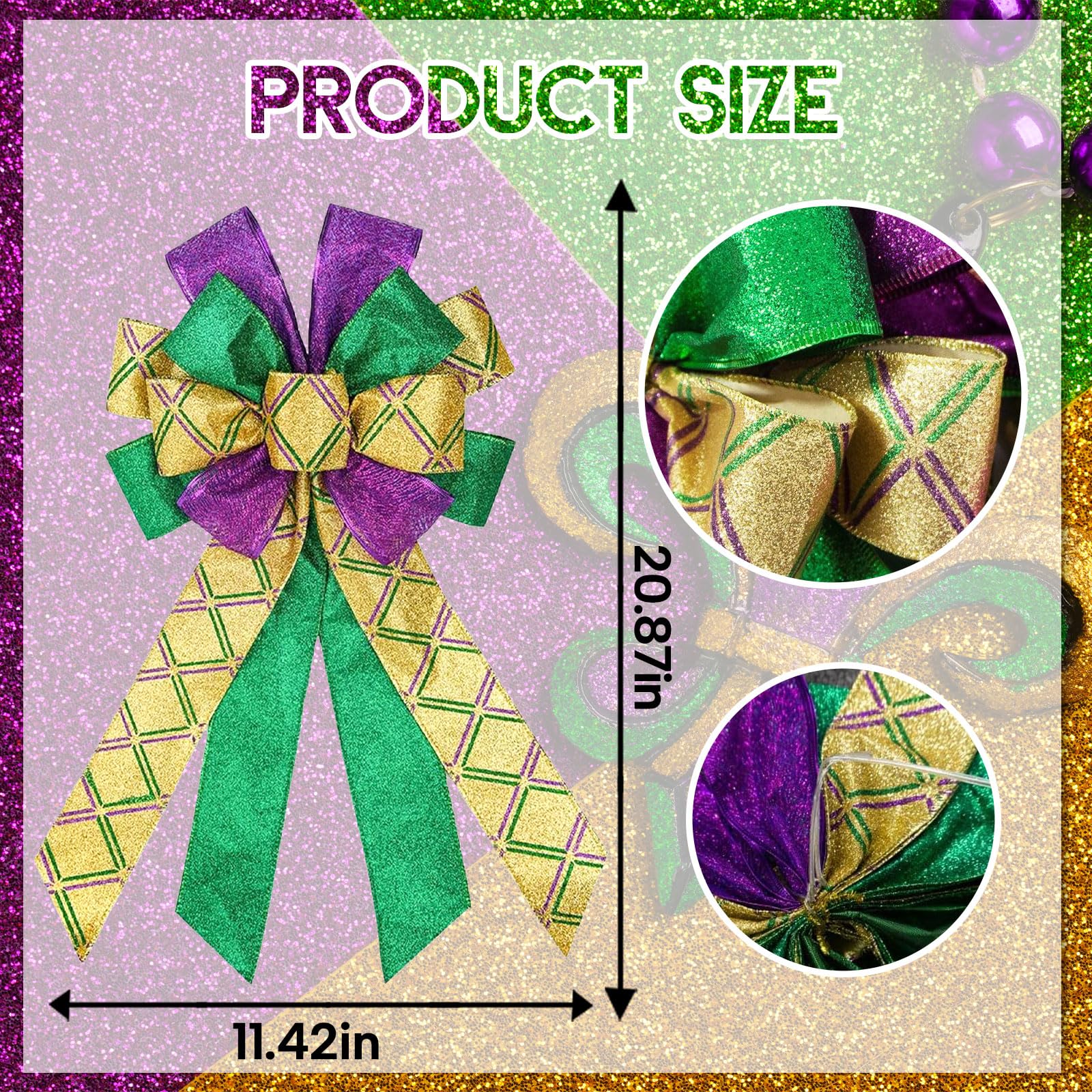 Mardi Gras Wreath Bows Purple Green Glitter Plaid Mardi Gras Bows for Wreaths Large Mardi Gras Ribbon Bows Tree Topper Bows for Mardi Gras Home Indoor Outdoor Decoration Wreath Ornament Supplies