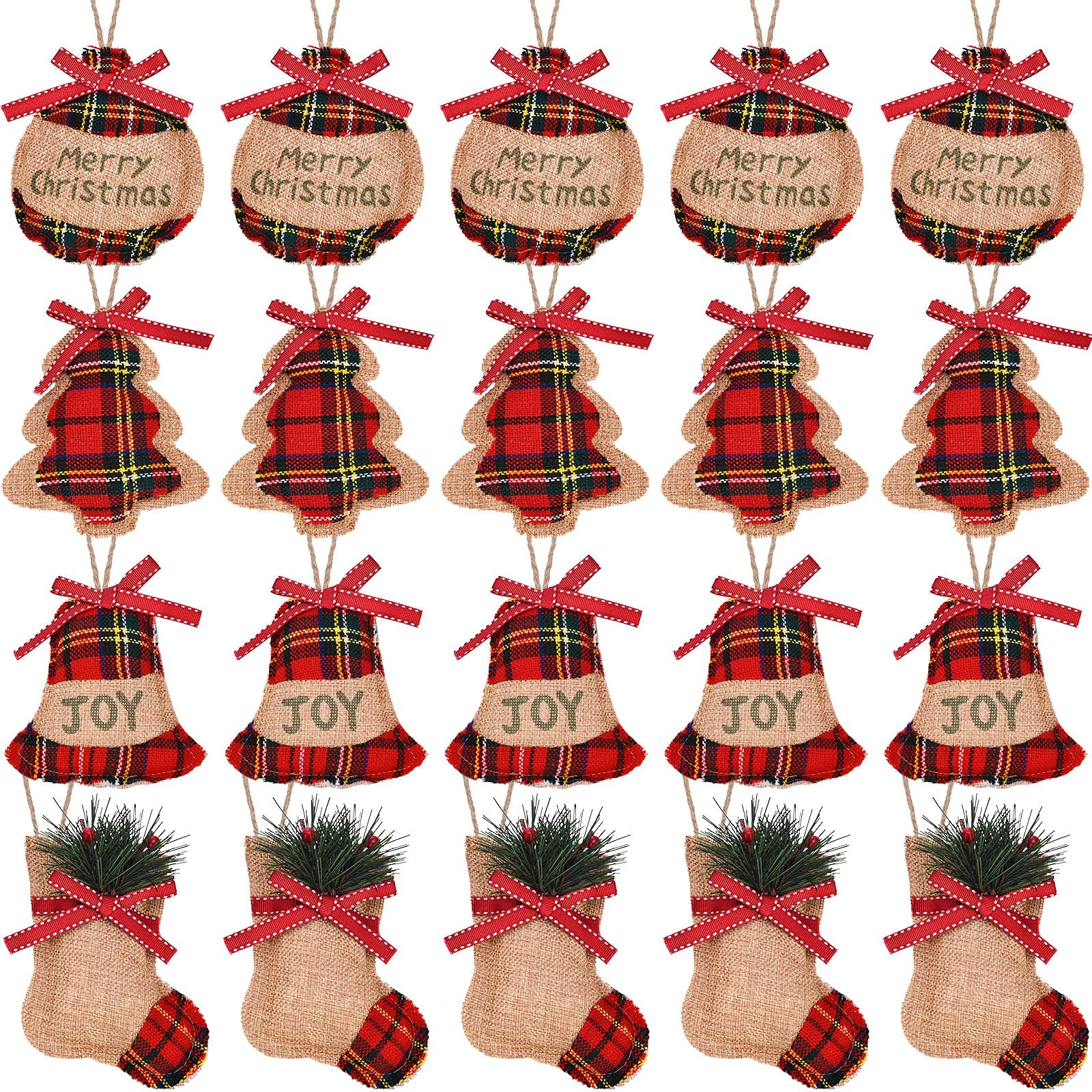 20 Pieces Rustic Christmas Burlap Tree Ornaments Farmhouse Christmas Decorations Red Black Buffalo Plaid Christmas Stocking Tree Ball Shaped Hanging Decoration for Holiday Xmas Party