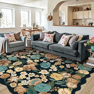 HUGEAR Schwarzer Teppich Wohnzimmer Blumenmuster 160x230cm Schlafzimmer Blumen Boho Neutral Moderner Weich rutschfest Waschbarer Groß Teppiche Wohnzimmer Esszimmer BüRo Innen Kurzflor Carpet