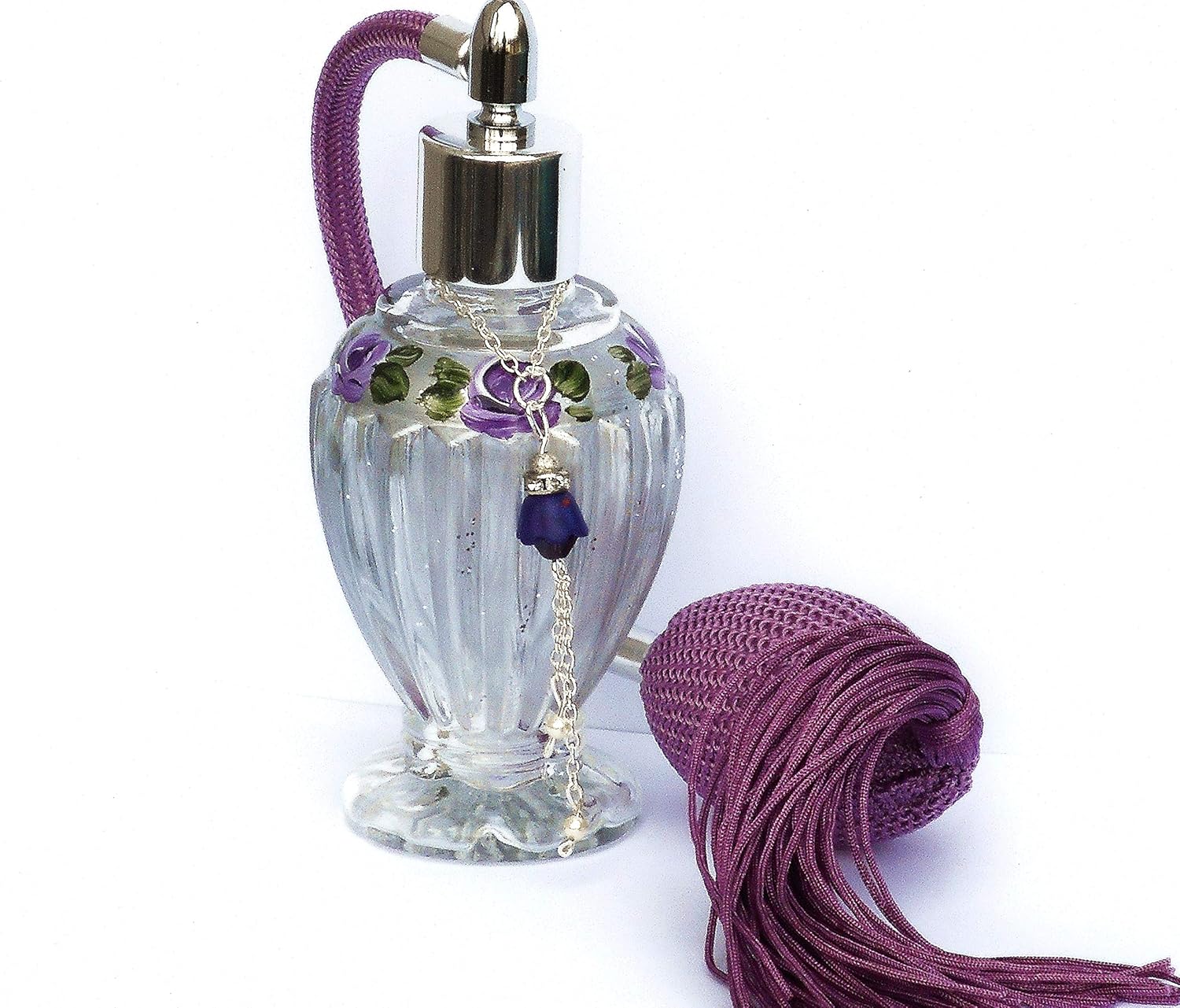 Silver Vintage Style Victorian Glass Perfume Bottle Atomizer Bulb with Tassel Artist Hand Painted Lavender Roses Retro Romantic Decor