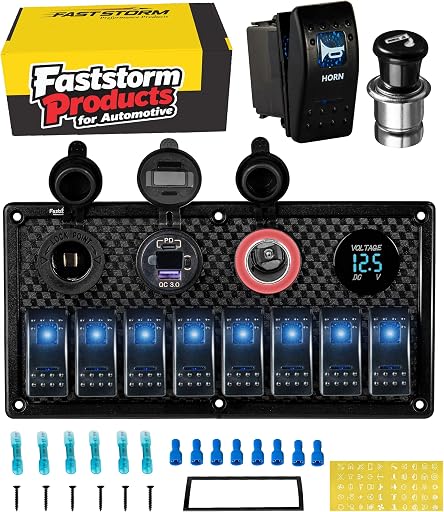 12V 24V DC 8 Gang Marine Boat Switch Panel Waterproof Pre-Wired Rocker Switch Panel 12 Volt Toggle Switch Panel Blue LED Lighted for Automotive Car Truck