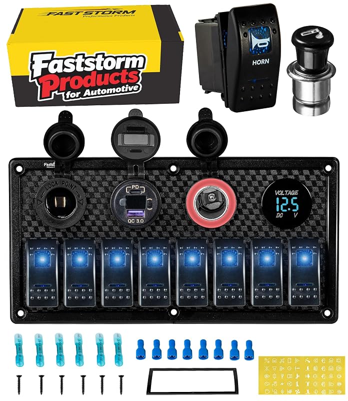 Painel de interruptores tipo rocker FASTSTORM 8 vias 12–24 V com USB, voltímetro LED e iluminação azul