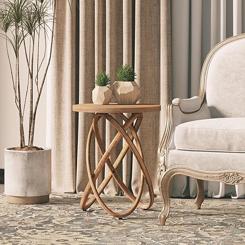 Miniatura 6 de COZAYH Mesa auxiliar redonda de madera de granja, soporte rústico para plantas con diseño de líneas entrelazadas para sala de estar, oficina, nogal
