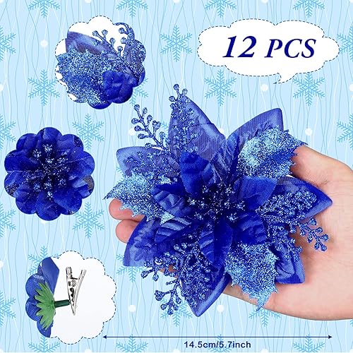 Miniatura 3 de 12 flores de Pascua de Navidad de 5.7 pulgadas con purpurina, flores artificiales con clip, adorno de árbol de Navidad para el hogar, corona,
