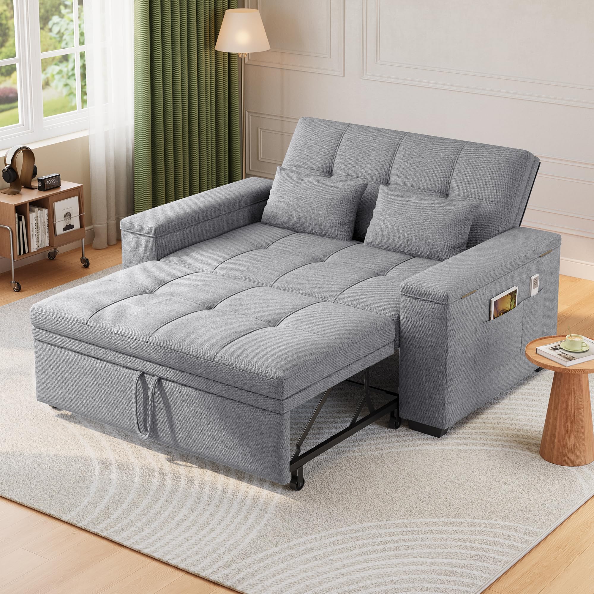 Xbro 3-in-1 Schlafsofa ausziehbar, 2-Sitzer Sofa mit Schlaffunktion, verstellbare Rückenlehne, Leinenstoff mit 2 Kissen und Seitentaschen, für Wohnzimmer, Schlafzimmer oder Büro, Hellgrau