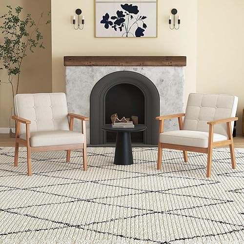 Miniatura 4 de Silla decorativa moderna con reposabrazos, silla de ocio tapizada de tela de lino, cómoda silla auxiliar con botón de respaldo y marco de madera