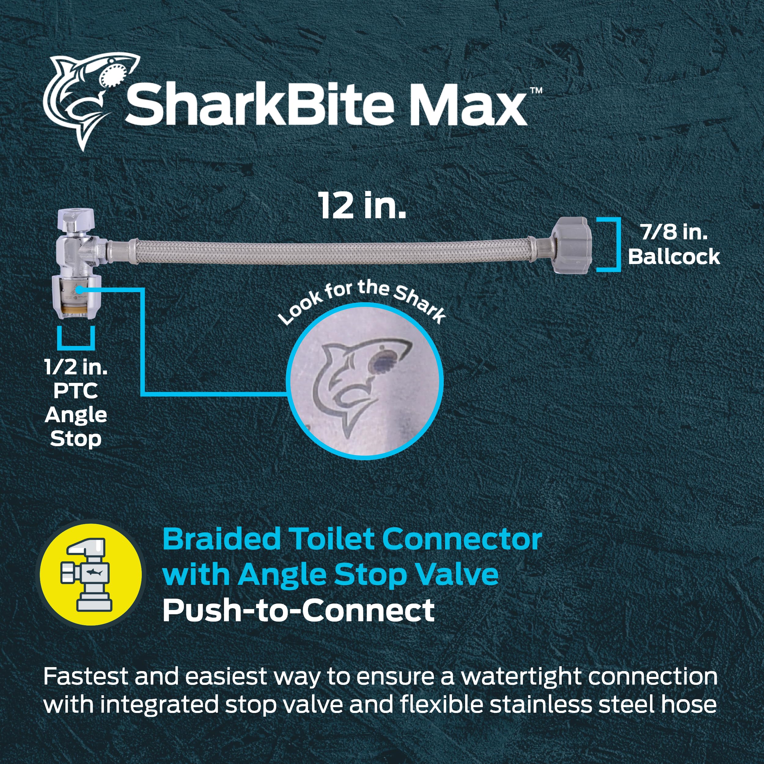 SharkBite Max 12" Toilet Connector With Angle Stop Valve - Stainless Steel Braided Supply Line
