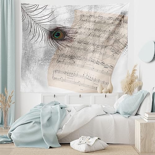 Ambesonne Tapiz de pavo real, hoja de notas musicales, textura de plumas de animales, mal de ojo sobre tema musical de estilo antiguo, para colgar
