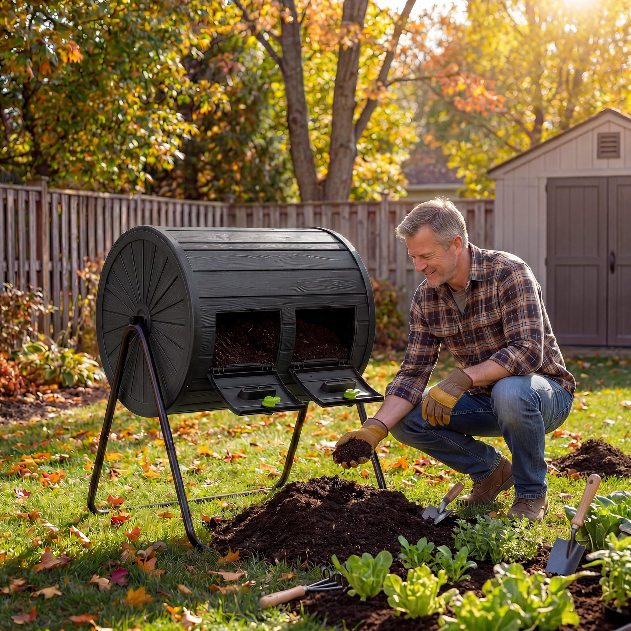 GYMAX Compostador Giratorio de Jardín 142 L, Contenedor de Compostaje de Doble Cámara Compostadora con Puertas Bloqueables, Soporte Metálico para Desechos de Jardín Cocina Patio (Negro)