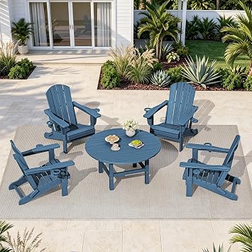 SERWALL 5-Piece Outdoor Furniture Set, Round Coffee Table with Umbrella Hole & Adirondack Chairs with Cup Holders, Blue