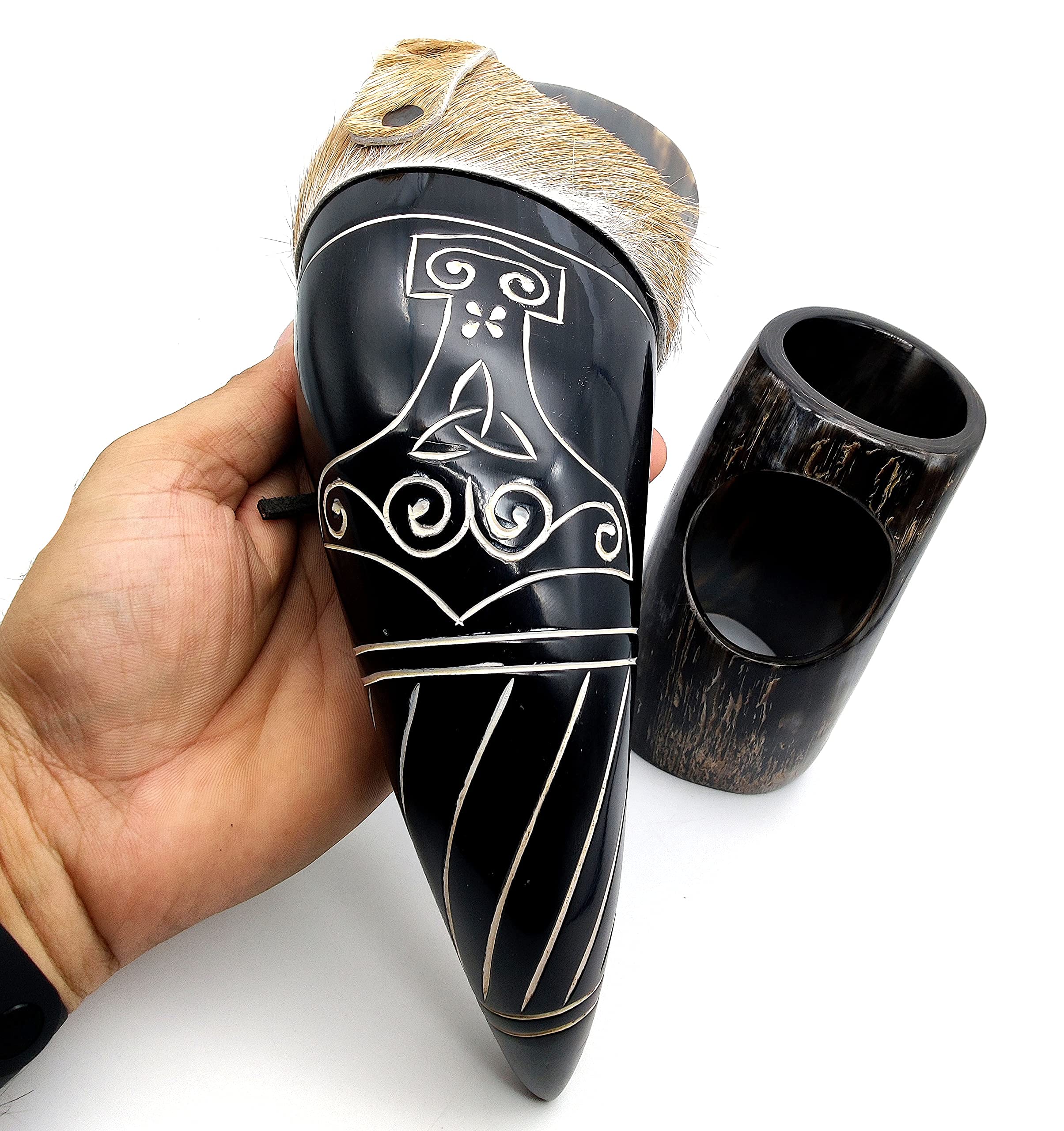 Genuine Ox Wine/Mead Drinking Thor engraved Horn Medieval Viking Cup - Authentic Medieval Inspired Mug with stand and holster by Vikings Valhalla