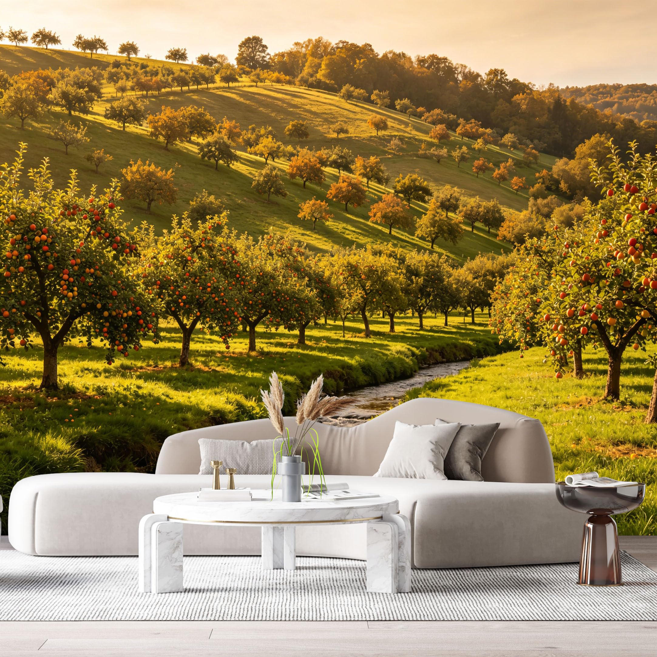 Custom Size Wall Murals Autumn Orchard Landscape Farmhouse Style Golden Sunlight Rolling Hills Small Stream SelfAdhesive Wall Fabric Removable Large Wallpaper for Photo Living Room
