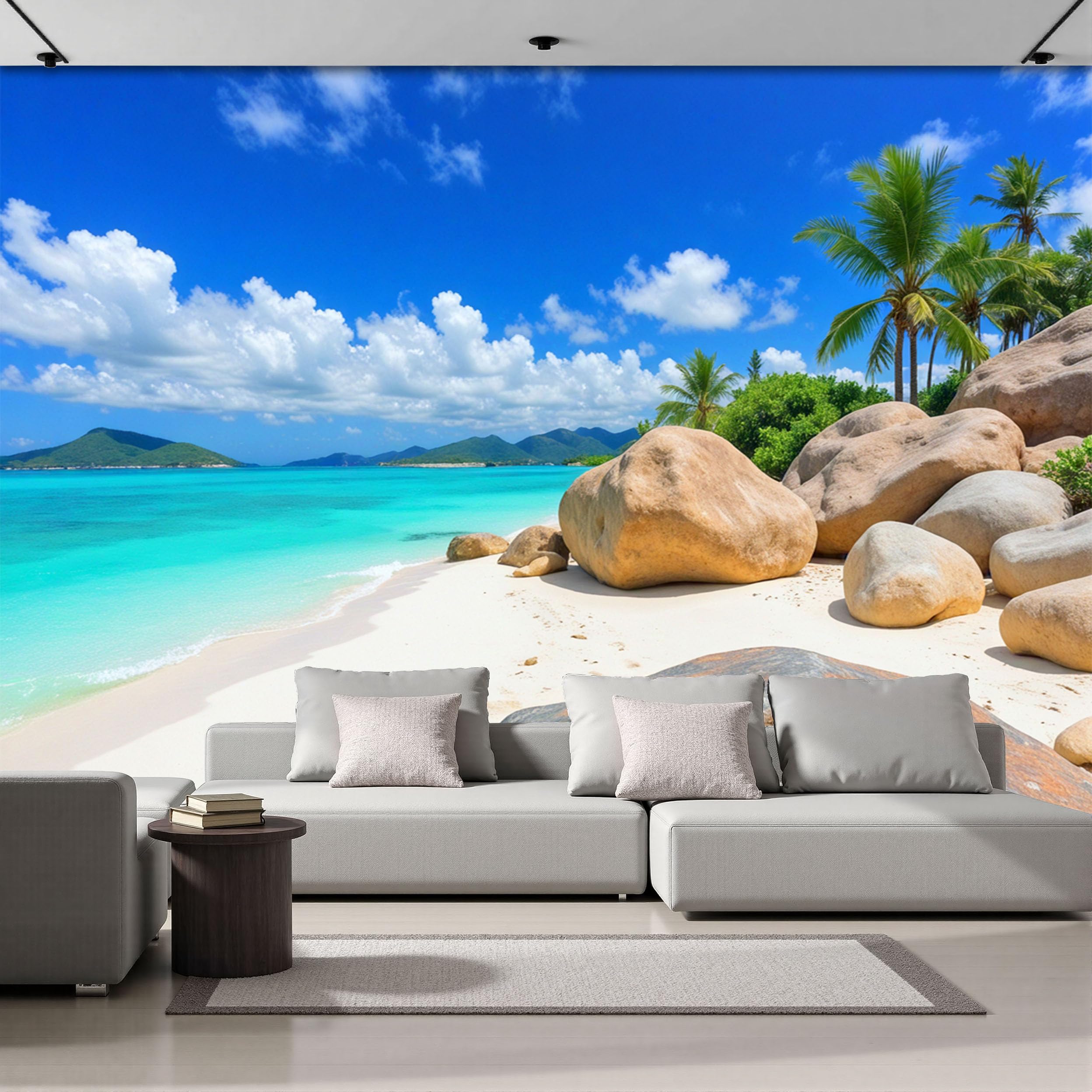 Papier Peint Soie Plage Tropicale Grand Format Décoration Murale Bleue 400x280 cm