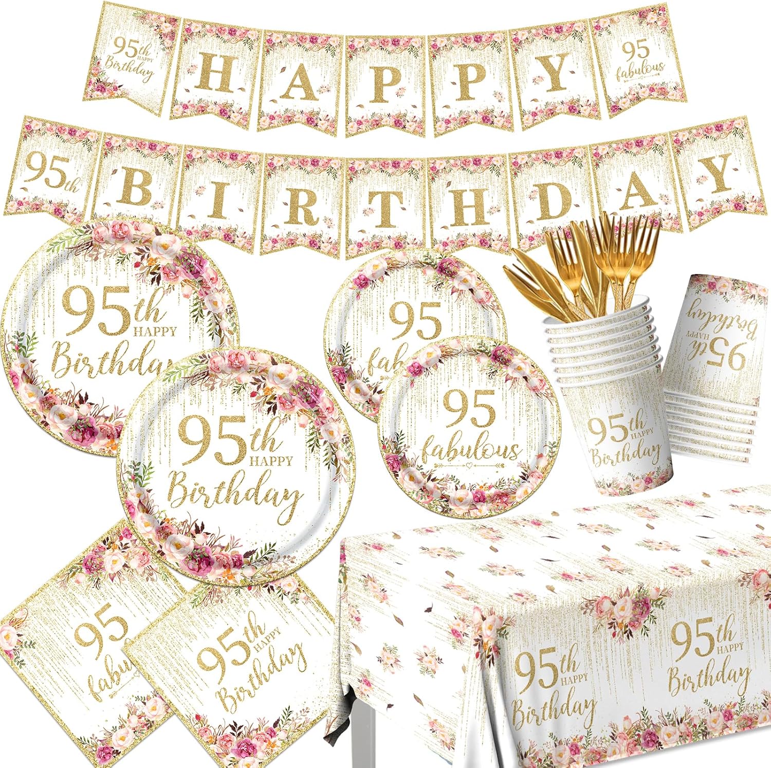 95th Birthday Party Tableware, 142Pcs Rose Gold 95th Birthday Decorations Includes 95th Birthday Plates and Napkins,Tablecloth,Cup,95 and Fabulous Banner,95th Birthday Decorations for Women