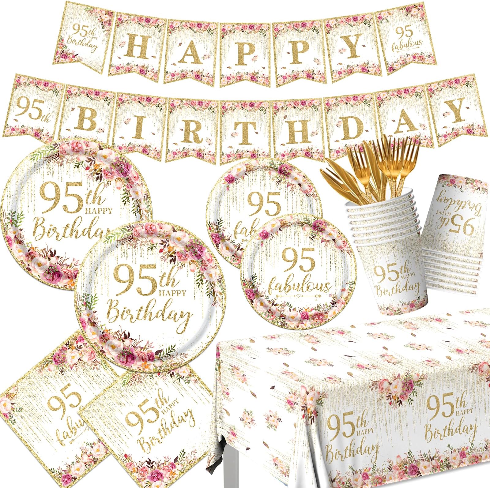 95th Birthday Party Tableware, 142Pcs Rose Gold 95th Birthday Decorations Inc...