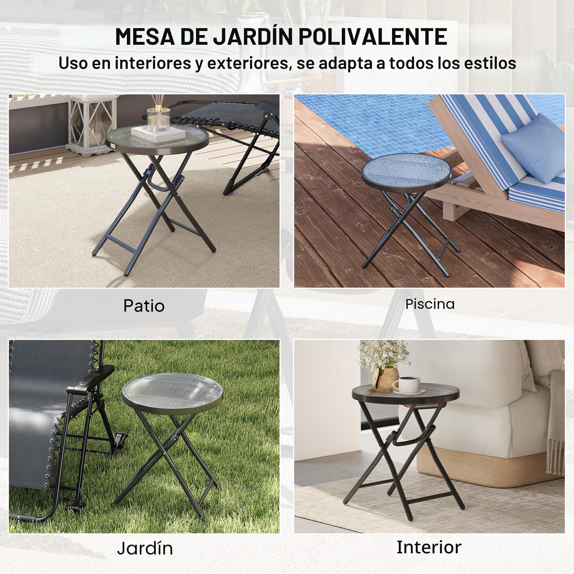 Outsunny - Mesa baja redonda para jardín, diámetro 60 x 50 cm, plegable, metal, color negro