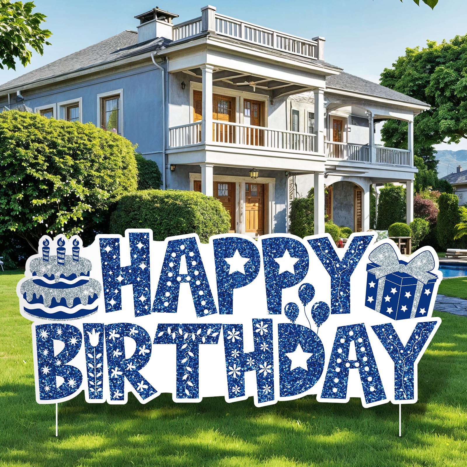 Large Happy Birthday Yard Sign with Stakes, Blue Decorations Outdoor Lawn Garden Signs for Men Women Boys Girls Kids Birthday Party Supplies Decor