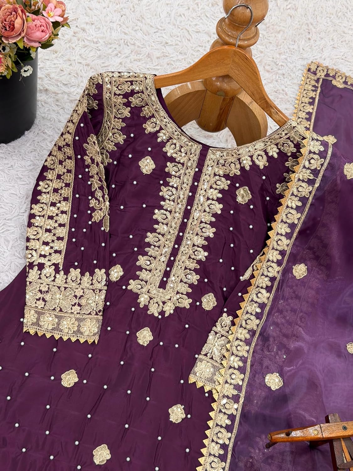 Elegant Purple Salwar Suit Set for Women, Natural Crep Silk Kurta Sharara And Dupatta Ready to Wear