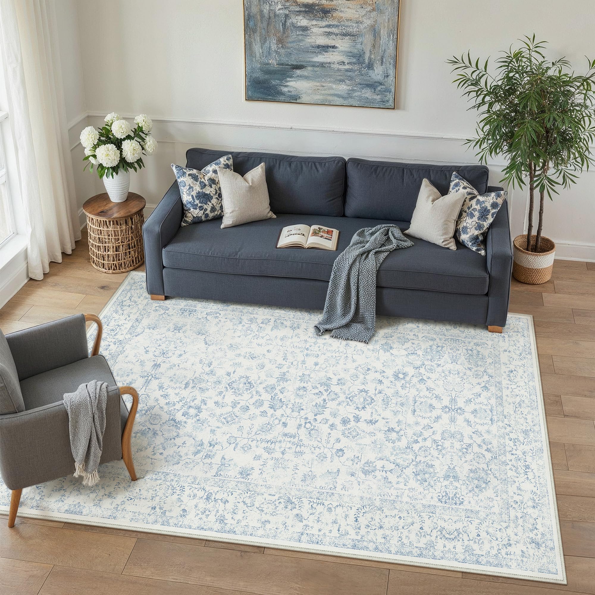 PureCozy Washable Rugs Living Room 140x200cm Vintage Blue Area Rug Non Slip Distressed Bedroom Kitchen Office Dining Room Door Mat Indoor, Traditional Boho Low Pile Carpet