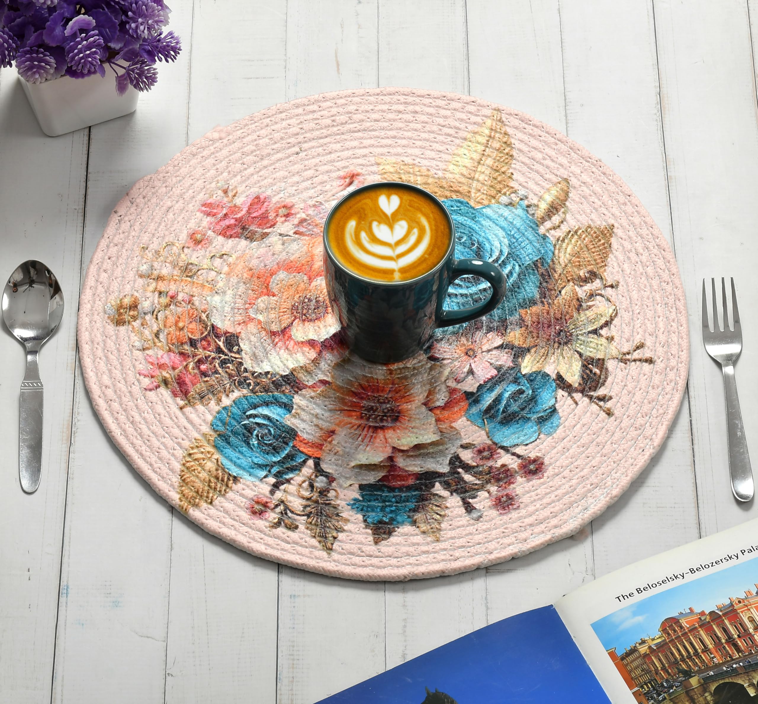Harleen Jute and Cotton Crochet Antiskid Printed Round Table Mat | Placemats for Bed-Side Table, Center Table, Dining Table, Shelves | Home Decor, Set of 2 Pc (Pink 38x38 cm Rose Garden Blush)-image-33