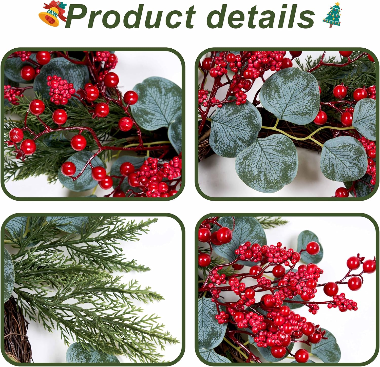 Artificial Christmas Wreath 22inch Christmas Wreaths for Front Door Xmas Red Berry Wreath with Eucalyptus Leaves Pine Needles Red Berries for Wall Farmhouse Window Winter Holidays