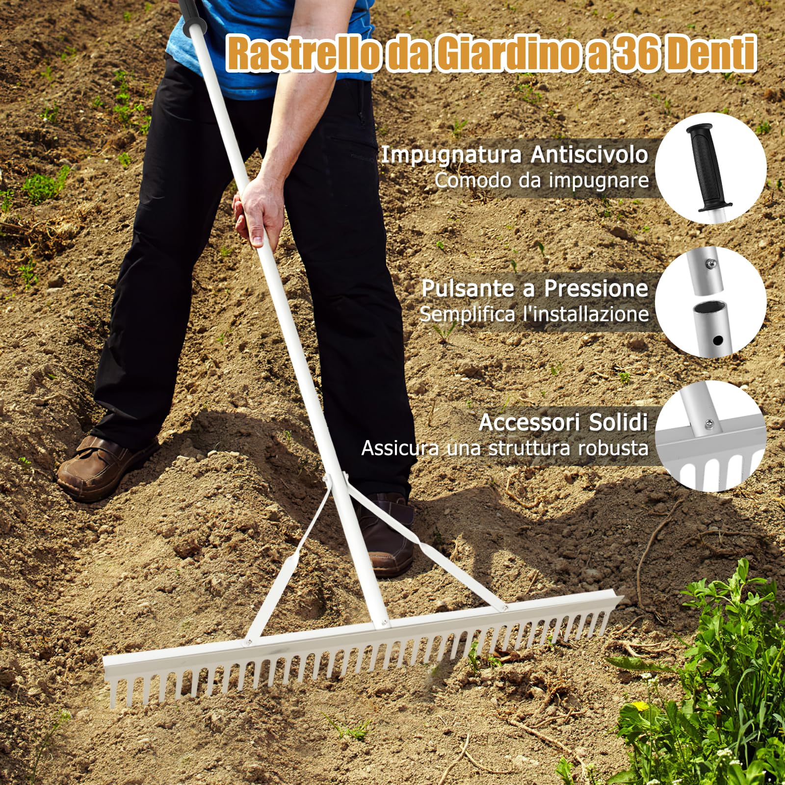 RELAX4LIFE Rastrello da Giardino in Alluminio, Rastrello Scopa per Foglie con 36 Denti, Larghezza 91cm, Manico Lungo 174 cm, Attrezzo da Giardino per Allentare il Terreno e Cura del Prato