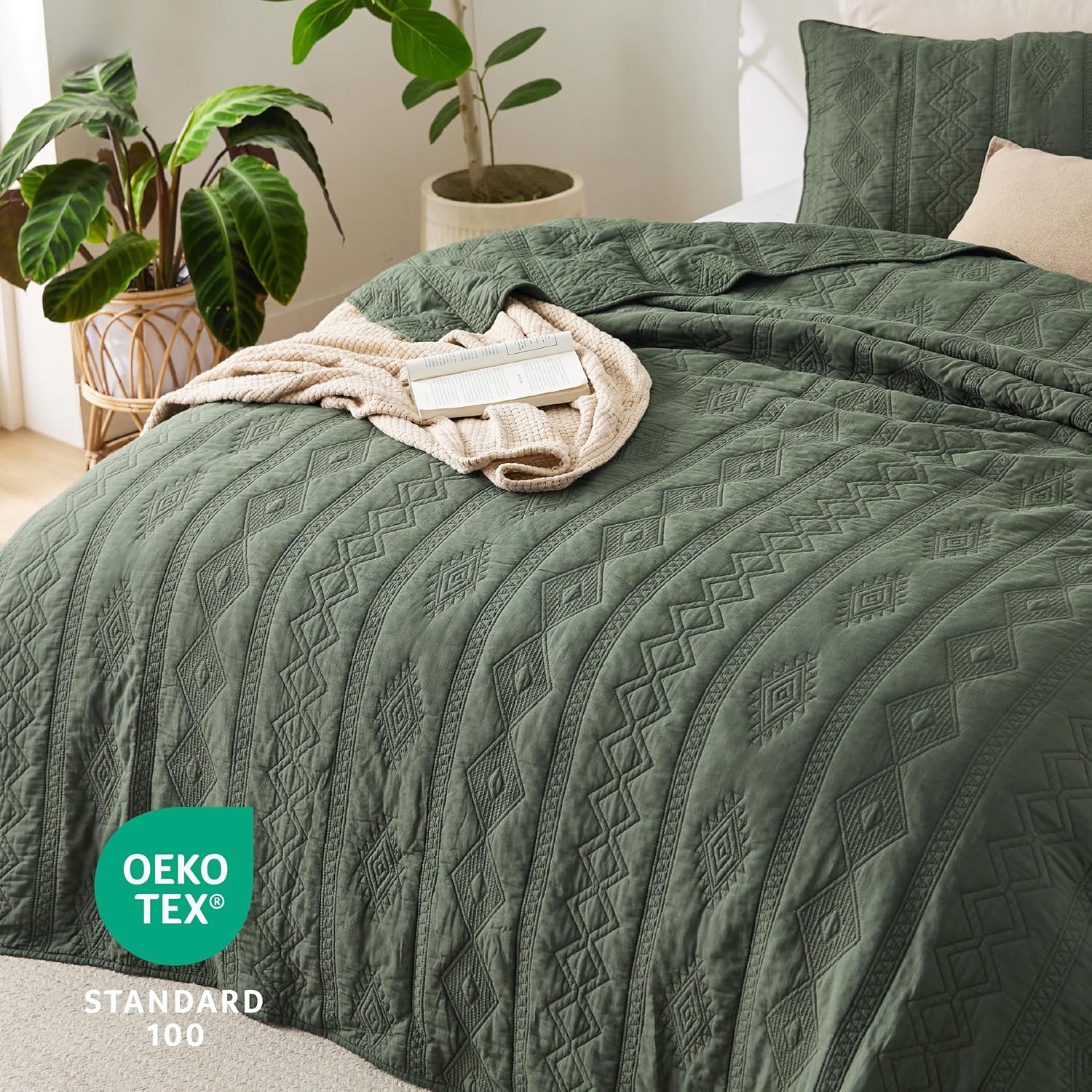 Bedsure 100% Cotton Quilt Set - Queen Size Bedspread, Lightweight Soft Bed Coverlet, 3-Piece Cozy Stitching Comforter with 2 Pillow Shams in Geometric Pattern for All Season, 90x96 inches, Olive Green - Image 4