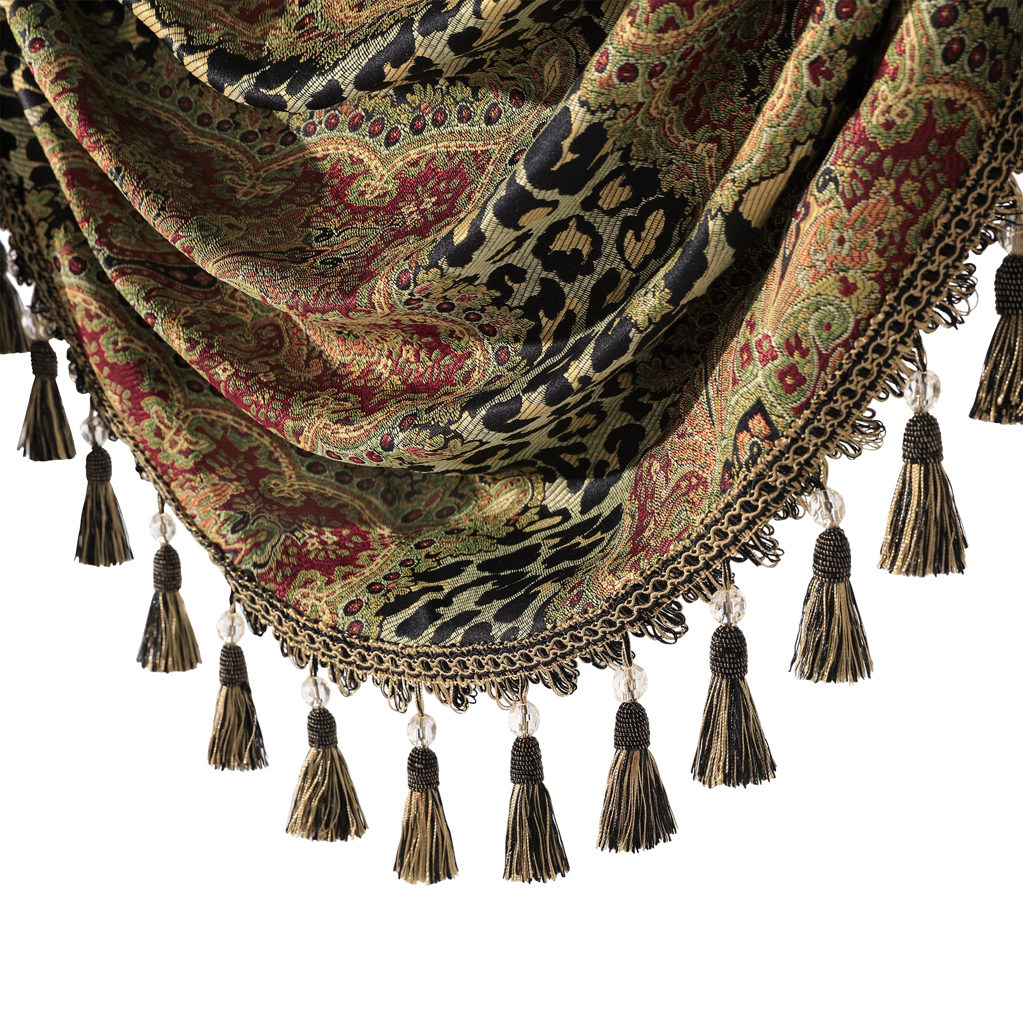 Cenefa para Ventanas, Cenefa de Cascada de Damasco con Borlas, Cortina Corta para Dormitorio, Salón, Cocina (Ancho 150cm, Impresión Leopart)