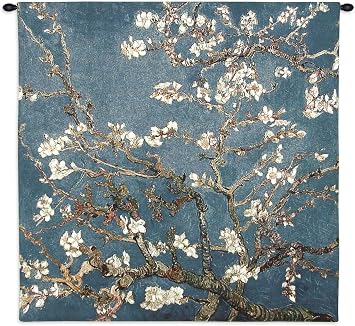 Blossoming Almond Tree by Vincent van Gogh | Woven Tapestry Wall Art Hanging | Contrasting Scenery with White Flowers | 100% Cotton USA Size 35x35