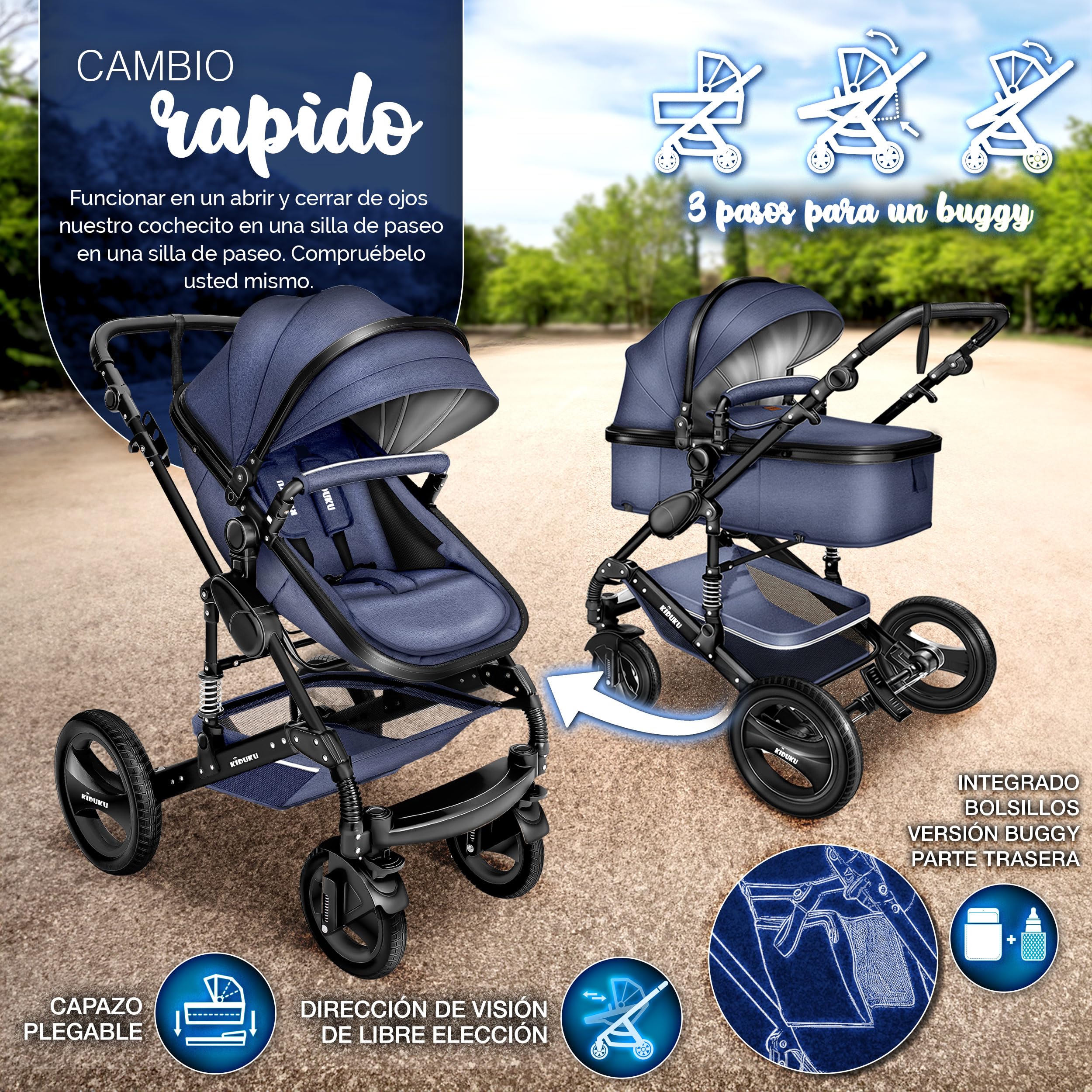 KIDUKU® Carrito de Bebé 3 en 1 | Silla de Paseo para Niños | Carricoche de 3 Piezas | Capazo, Cambiador, Cubrepiés | Sillita Coche Ligera Infantil ECE R129