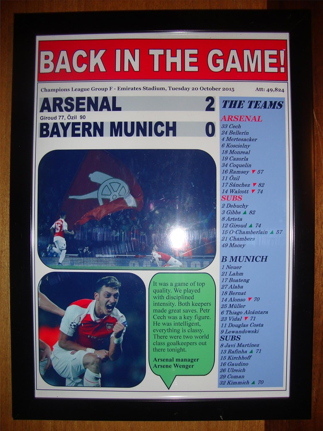 Arsenal 2 Bayern Munich 0 – 2015 Champions League – Framed Print
