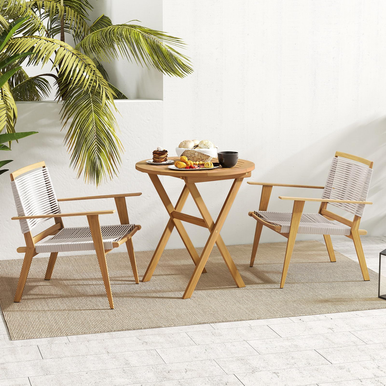 GOPLUS Table Pliante Exterieur Bois d'Acacia Ronde Balcon Pliable Plateau à Lattes 80 kg 67 x 69,5 cm