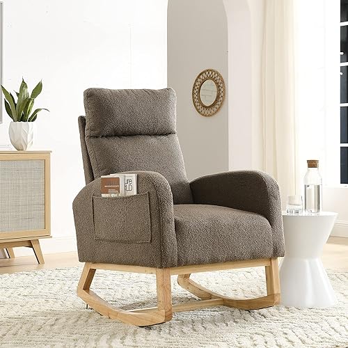 Miniatura 3 de Mecedora para guardería con patas de madera maciza, silla deslizante para guardería con dos bolsillos laterales, sillón mecedor para sala de estar y