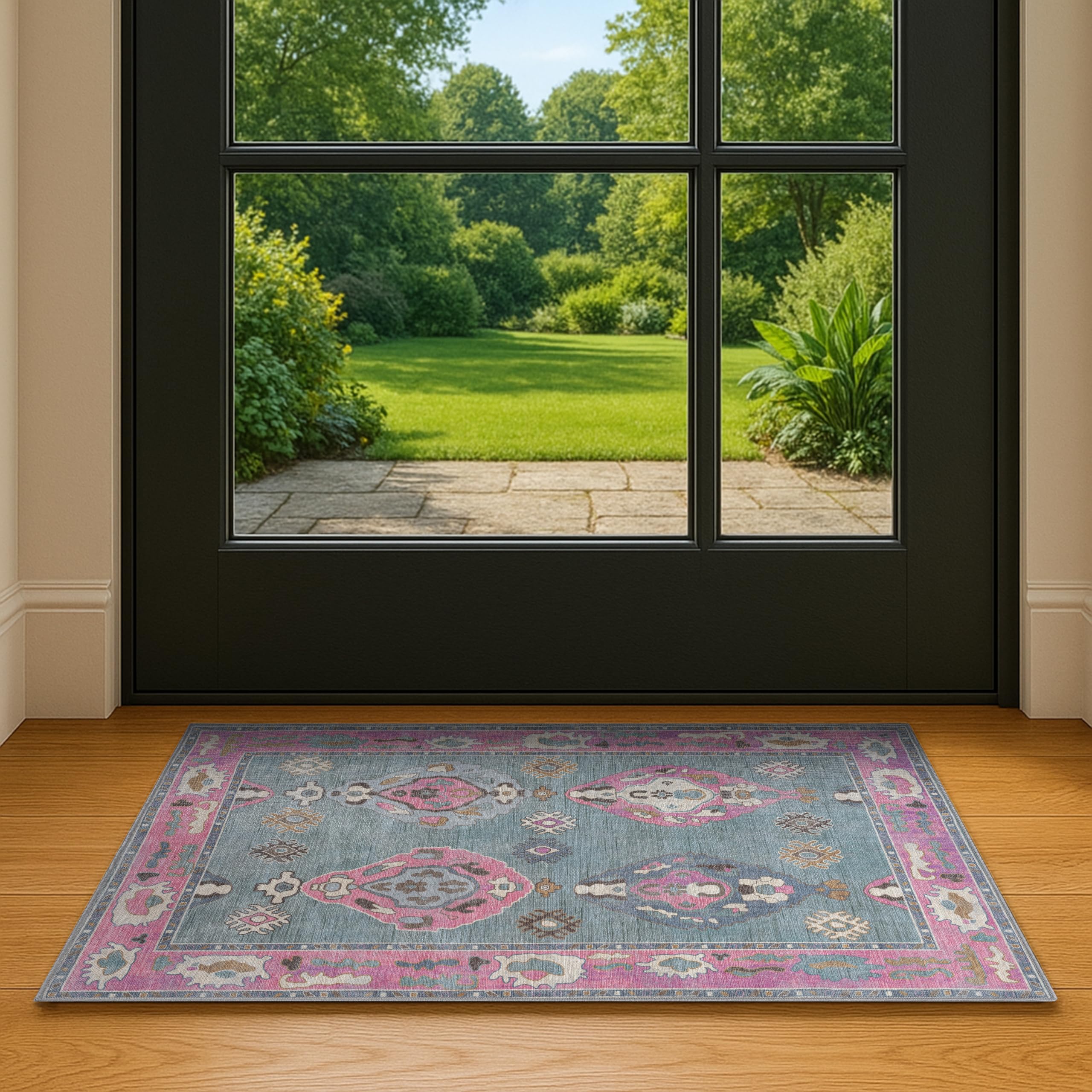 GIONARA Green Pink Oushak Area Rug 2'5x5' - Washable Area Rugs, Non-Slip Small Throw, Vintage Low Pile Turkish Eclectic Pastel, Accent Area Rug for