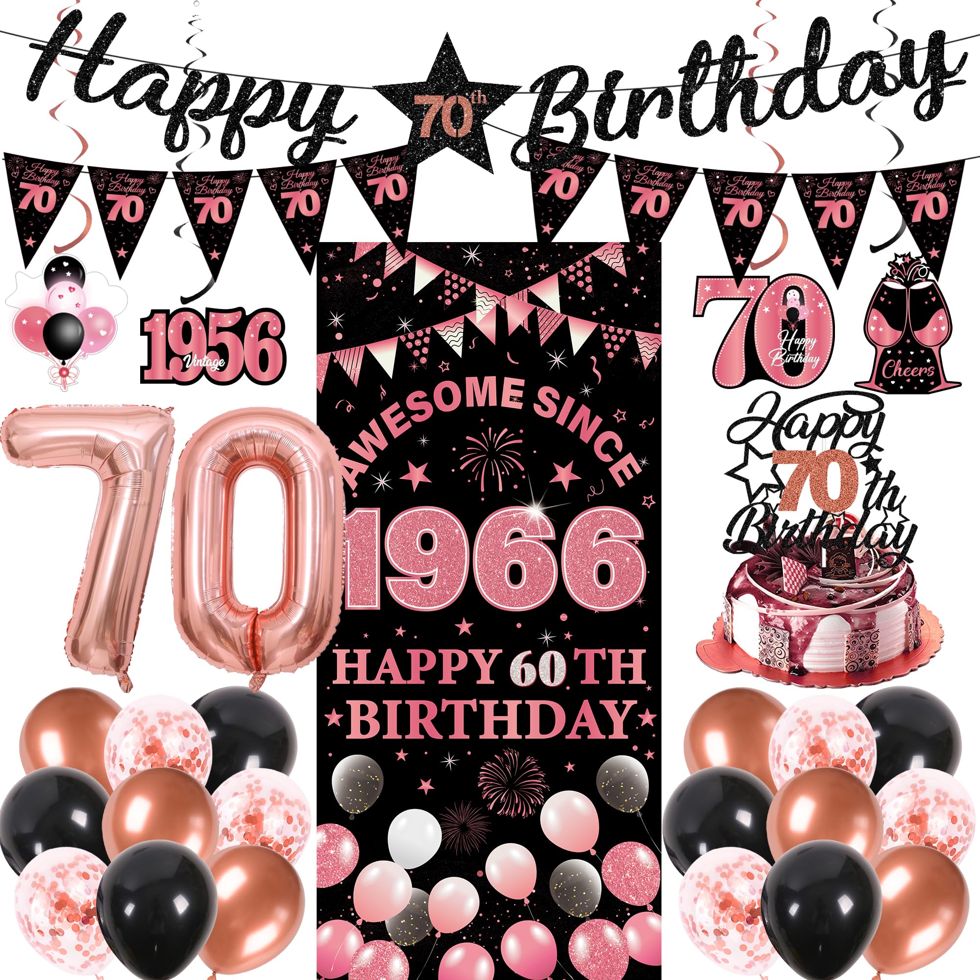 70th Birthday Decorations Women Kit - 27 Pcs Black Rose Gold Happy 70th Birthday Banner Triangular Flag Hanging Swirls Backdrop Cake Topper 70 Balloon Set for 70 Years Old Party Decoration Supplies