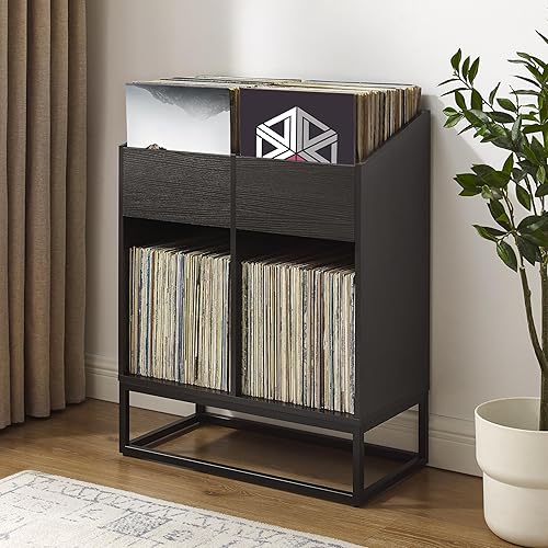 Miniatura 7 de Crosley Furniture Enzo - Moderno soporte de almacenamiento de discos de vinilo, estantes abatibles orientados hacia adelante para discos, color negro