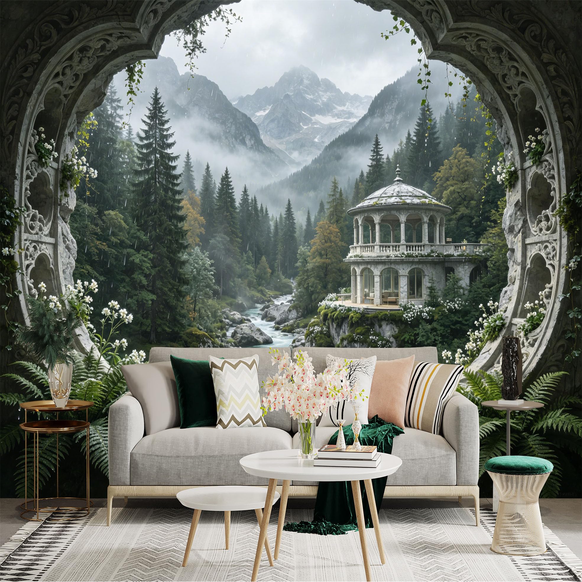 Custom Size Wall Sticker Mural， Misty Mountain Valley with River and Vintage Stone Pavilion， for wall Decoration， peelandstick wall Decals.