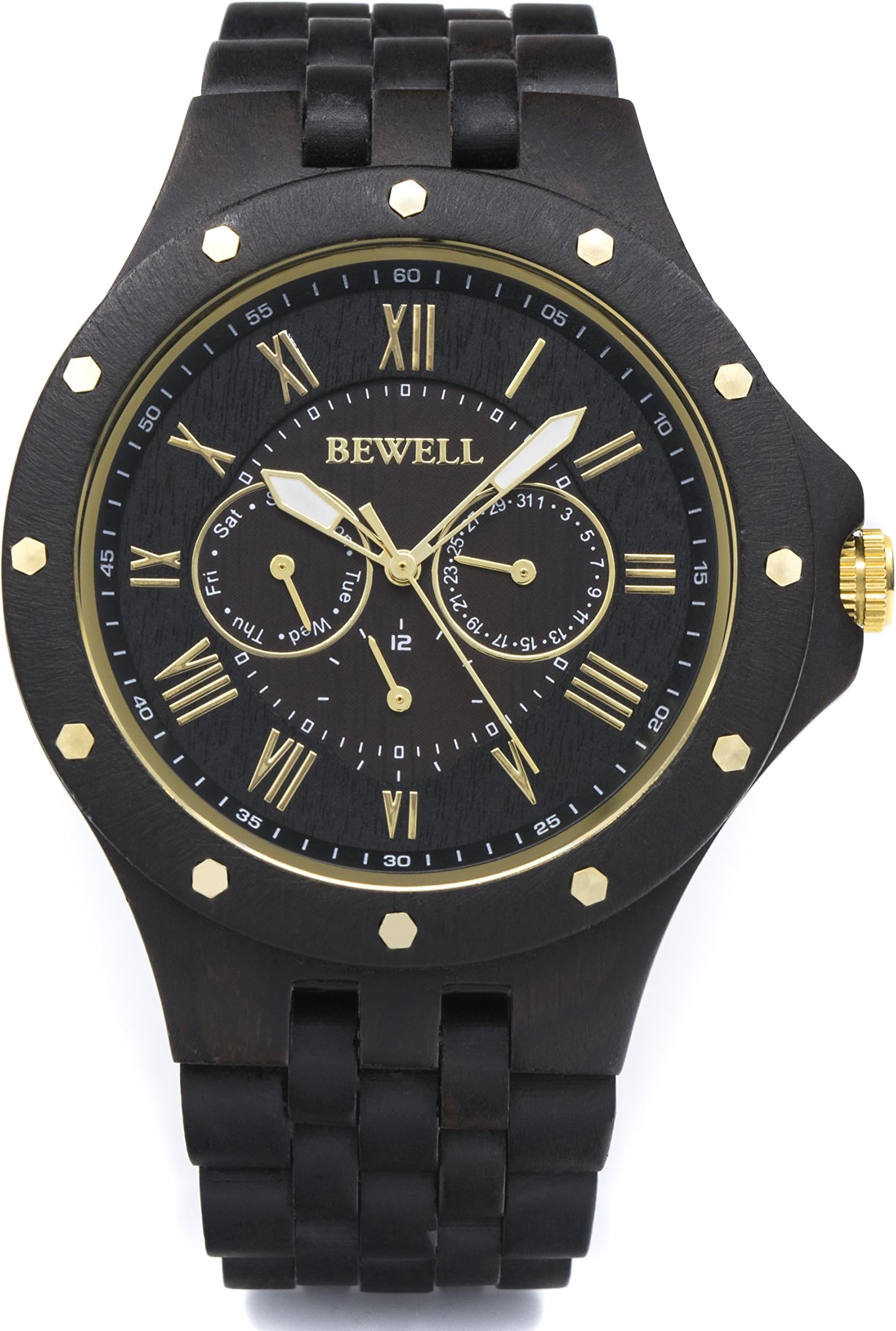 BEWELL Wood Watches Mens Date & Date Display Luminous Hands Vintage Lightweight Wooden Wrist Watch