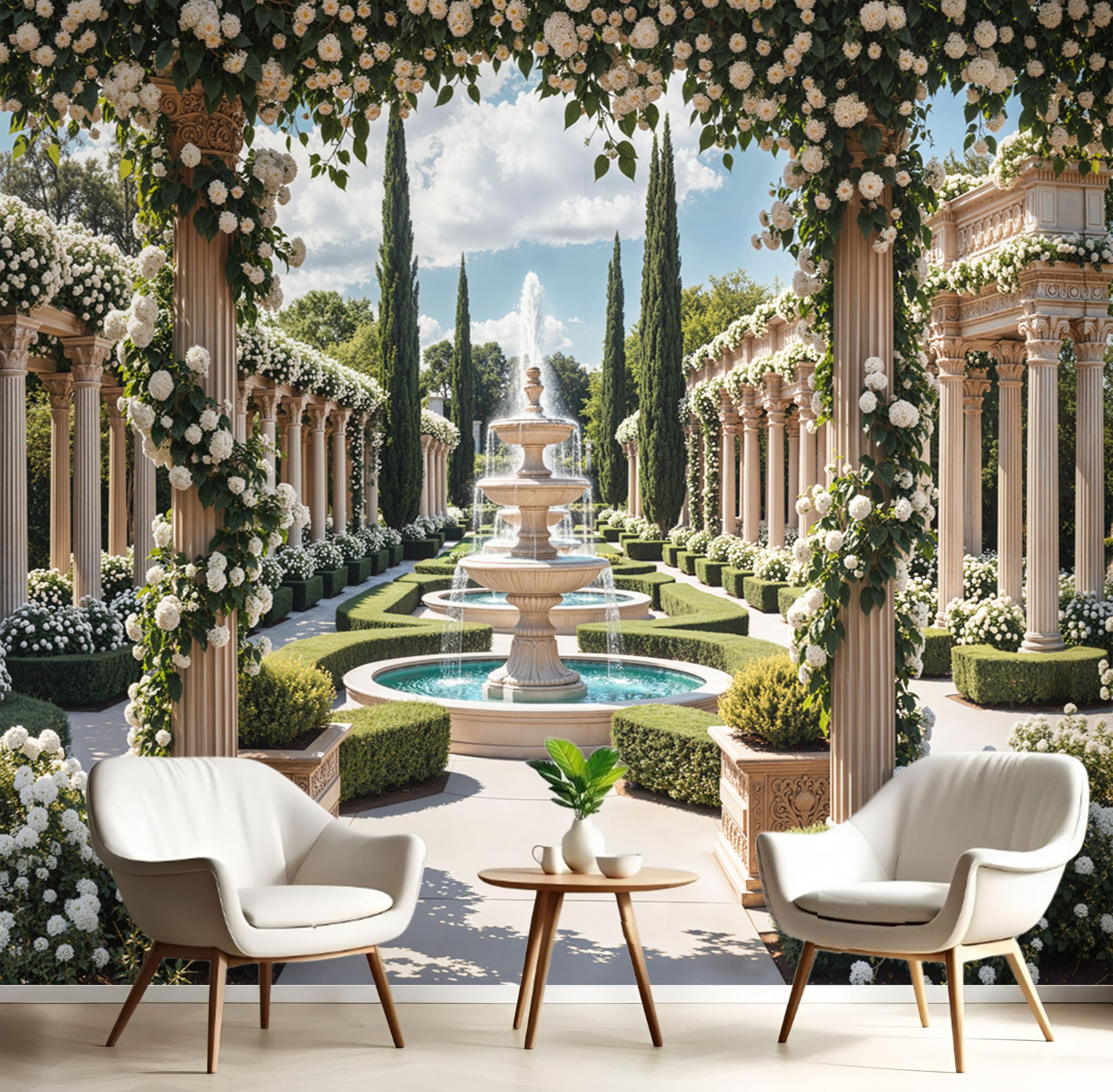 Papier peint photo intissé style manoir français avec fresque de jardin de prestige 300cm