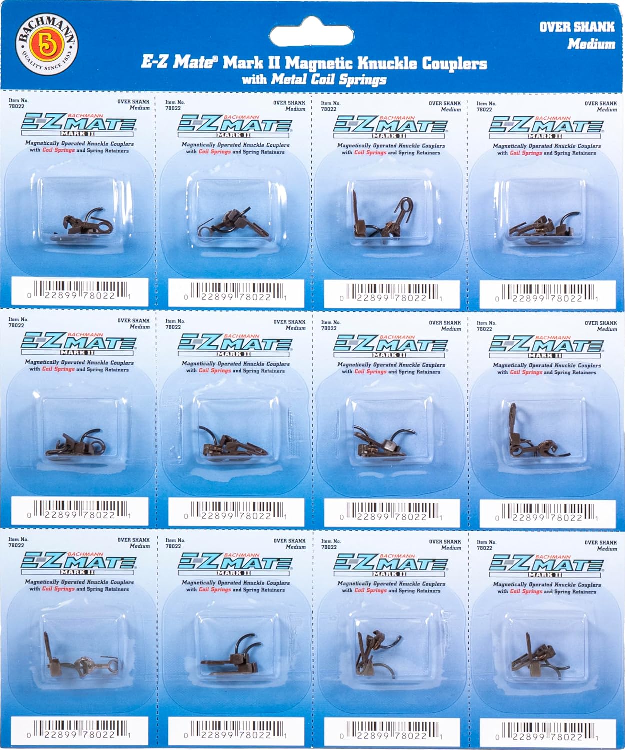 Bachmann Trains - E-Z MATE MARK II COUPLERS - MAGNETIC KNUCKLE COUPLERS with METAL COIL SPRING - OVER SHANK - MEDIUM (12 pair/card) - HO Scale