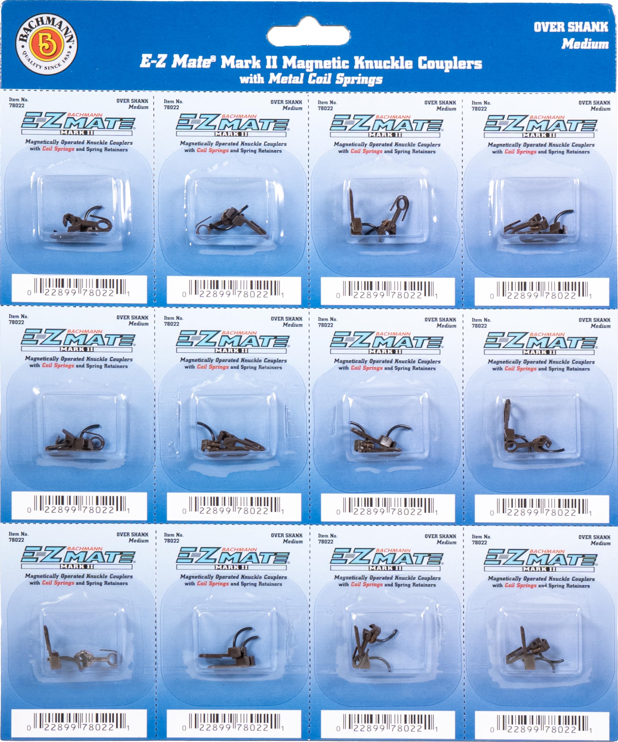 Bachmann Trains - E-Z MATE MARK II COUPLERS - MAGNETIC KNUCKLE COUPLERS with METAL COIL SPRING - OVER SHANK - MEDIUM (12 pair/card) - HO Scale