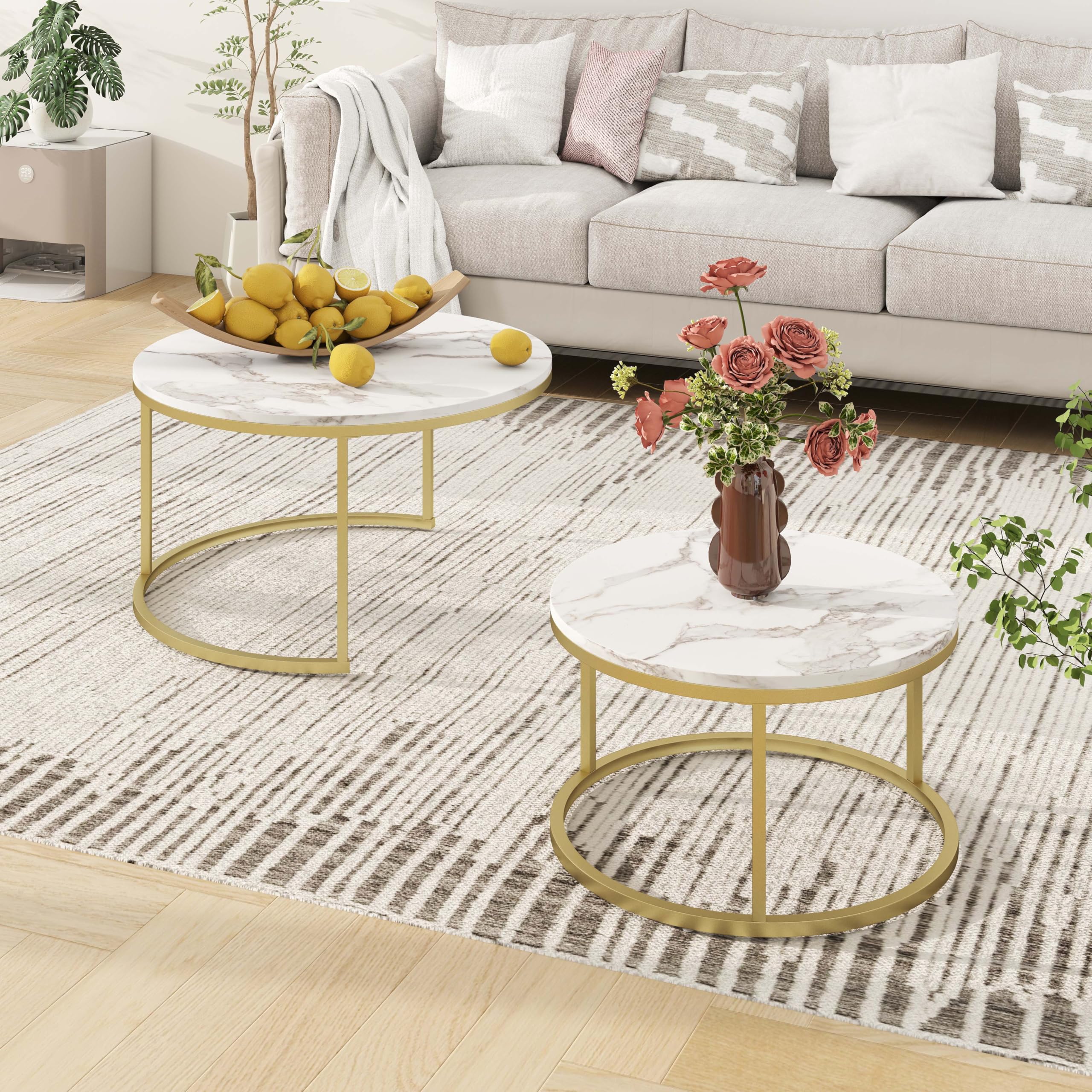 hitsuki Juego de 2 Mesas de Café de Mármol, 80 cm Mesa de Salón Moderna Blanca de Estructura de Metal, Mesas Nido de Salón Redondas Dorado y Blanca, 80D x 80W x 45H cm
