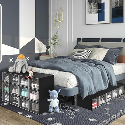 Miniatura 10 de YITAHOME Paquete de 12 cajas de almacenamiento de zapatos tamaño XL para hasta talla 15 de EE. UU., cajas organizadoras apilables de zapatos para