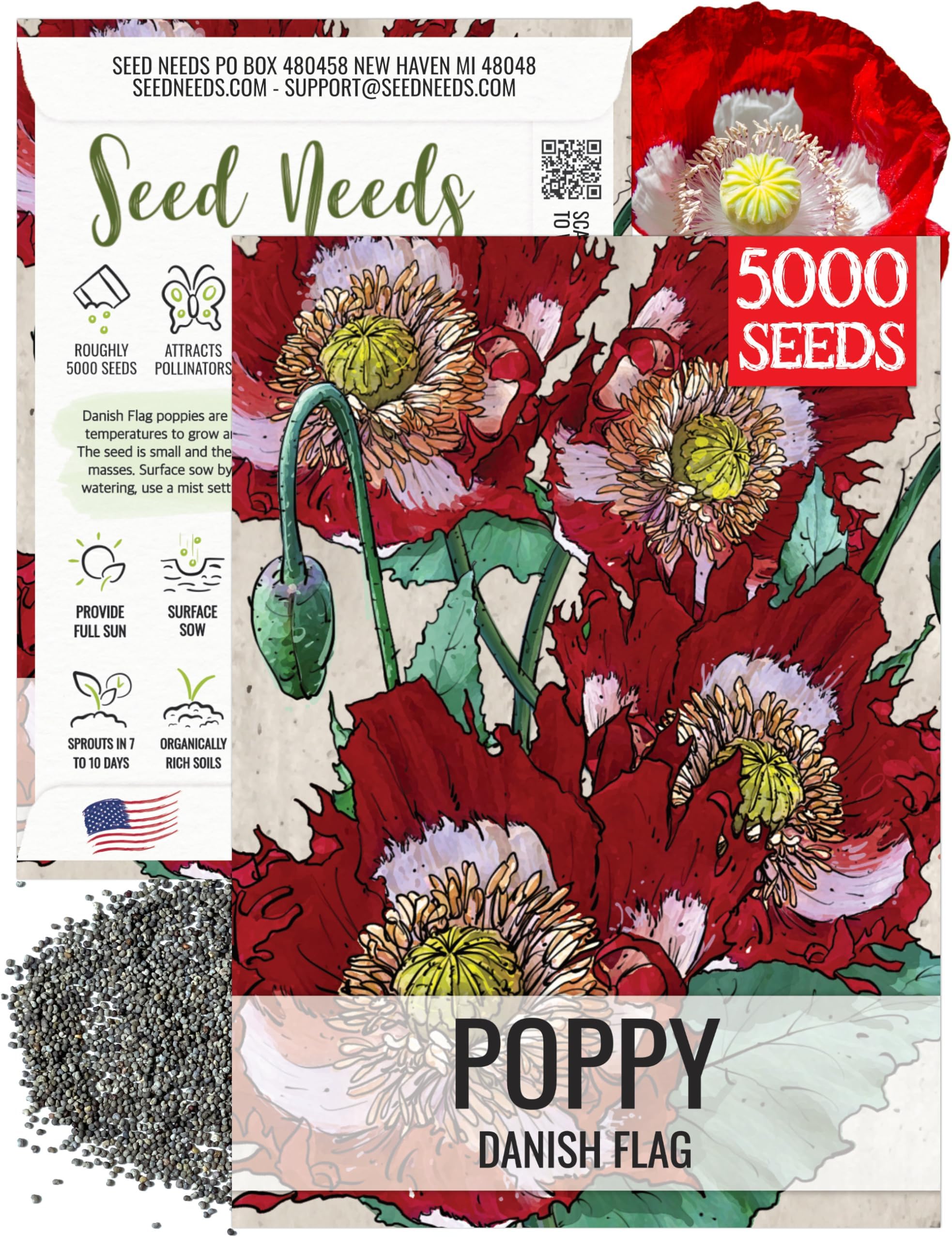Danish Flag Poppy Seeds for Planting - Heirloom & Open Pollinated Annual Flowers - Attracts Pollinators/Butterflies to a Butterfly Garden (1 Pack)