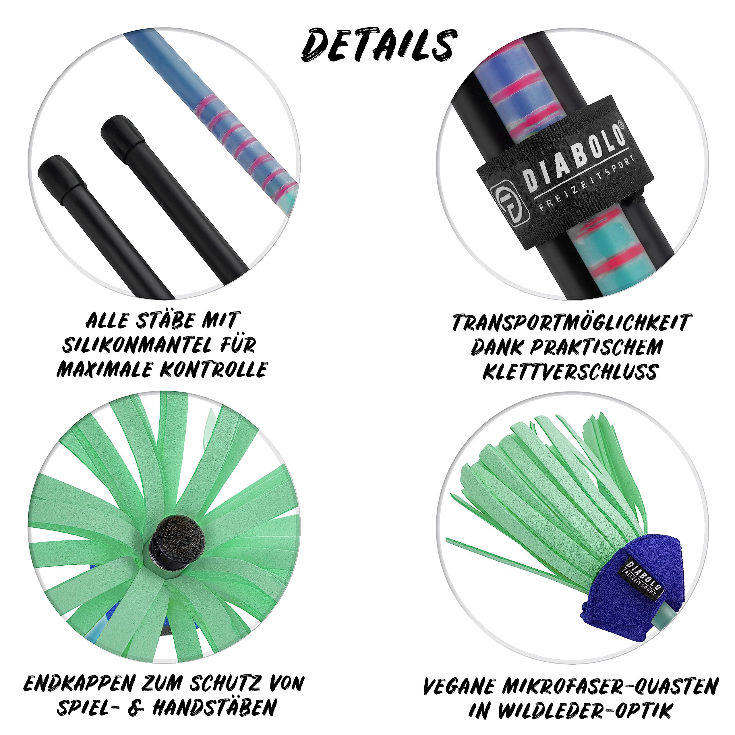 Diabolo Freizeitsport Flowerstick Pro Fiberglas UV reaktiv handbemalt blau-türkis