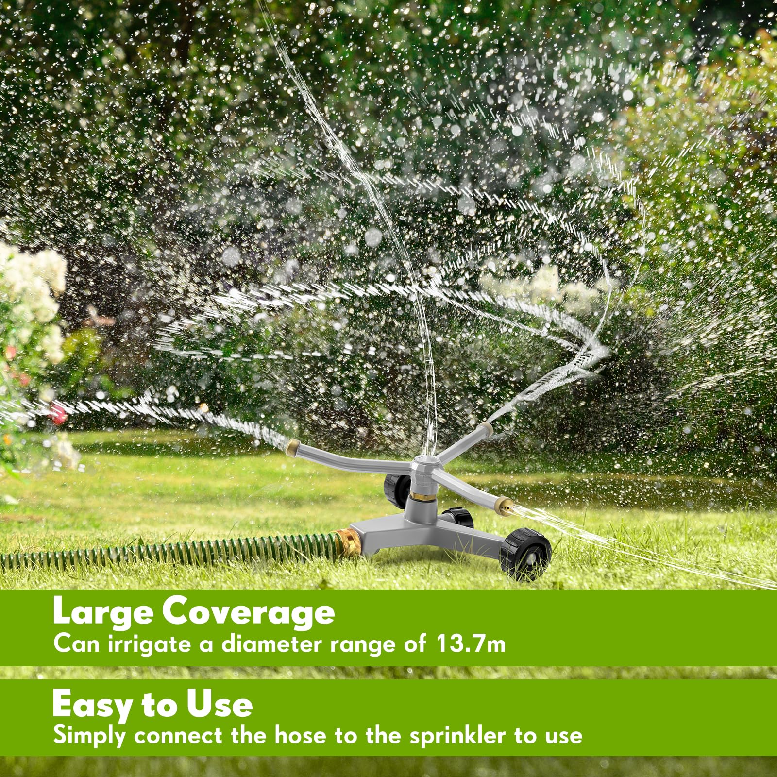 Aspersor giratorio de metal para césped, 3 brazos, resistente, 360 grados, giratorio automático, aspersor de agua con base de ruedas para césped, patio, jardín, patio trasero, cubre hasta 538